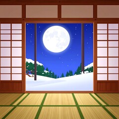 Tranquil winter night scene viewed through shoji screens