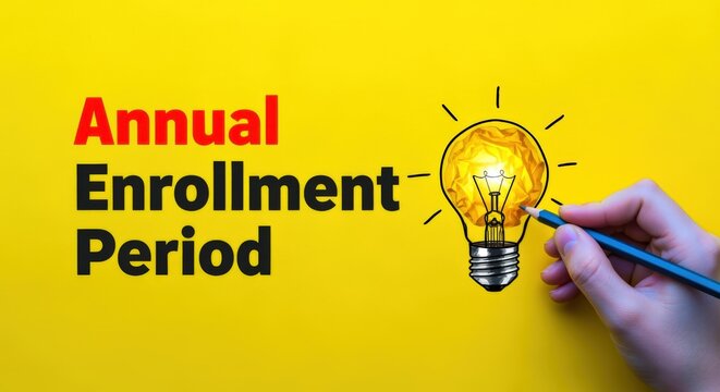 Annual Enrollment Period Announcement with Light Bulb Idea on Yellow Background to Promote Business Opportunity