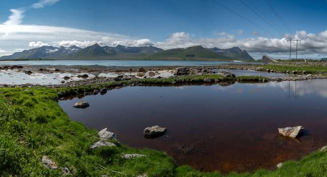 Landscape With Fjord And Andoybrua Bridge To Risoyhamn On Andoya Island Of Lofoten In Norway