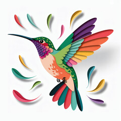 Obraz premium Colorful Hummingbird Flying Illustration with Paper Cutout Design Isolated on White Background for Decoration and Creative Projects