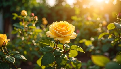 Vibrant yellow rose in garden