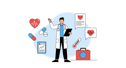 Doctor explaining medical information and health care concepts with illustrations