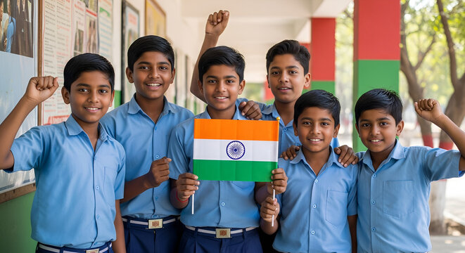 Image is a candid photograph featuring a group of six young boys standing in a semi-outdoor setting, possibly a school corridor. They are all wearing light blue button-up shirts and dark trousers, sug