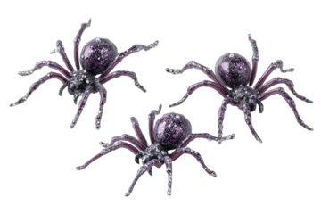 Three glittery purple spiders with clear legs on black isolated on a transparent background insect arachnid