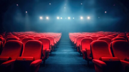Obraz premium Empty Theater with Red Seats and Spotlights, Ideal for Movie, Performance, or Presentation Concepts