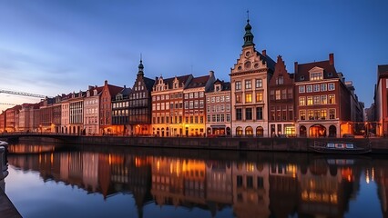 Fototapeta premium Historic buildings reflected in a canal at dusk, capturing European charm.