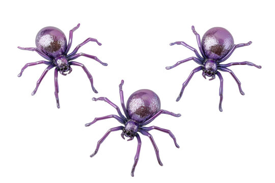 Three purple glitter spiders arranged in a triangular formation isolated on a transparent background