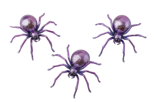 Three purple glitter spiders arranged in a triangular formation isolated on a transparent background