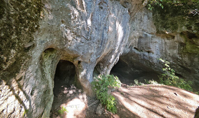 Obraz premium Closer perspective of a limestone cliff showing three cave openings side by side, with plants growing near the entrances, Bükk Mountains, Hungary.