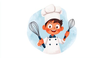 A cheerful young chef in a white hat and coat, holding whisks, ready to create delicious dishes in the kitchen.