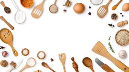 A vibrant assortment of cooking utensils and ingredients on a white background, perfect for culinary presentations.