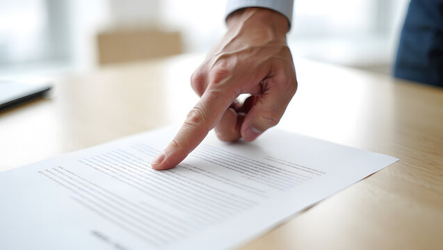 Close up of Business Person Pointing to Legal Document for Reviewing Contractual Agreement Details and Analyzing Important Clauses Prior to Signing
