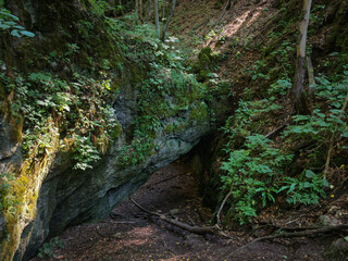 The shaded, moss-covered rock arch of Udvar-kő, known as Dante’s Hell, in the Bükk Mountains, Hungary. A hidden karst cave in a deep forest setting.
