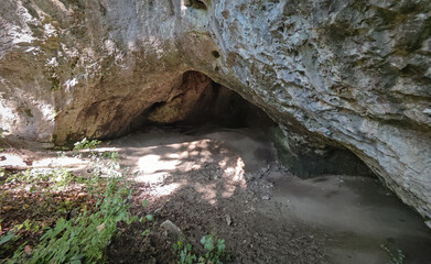 The main entrance of Kő-lyuk Cave in the Bükk Mountains, partly shaded by surrounding forest vegetation.
