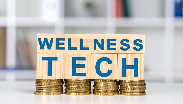 Wellness Tech Concept displayed on wooden blocks atop a stack of coins, symbolizing the integration of technology within the wellness industry.