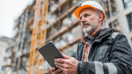 civil engineer or architect with hardhat on construction site checking schedule on tablet computer	