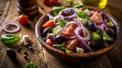 Top View of Mediterranean Salad with Olives and Onions &ndash; Natural Rustic Presentation