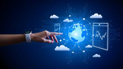 Global Digital Network Connection Concept with Hand Interaction and Cloud Computing Visualization for Modern Technology and Business Solutions
