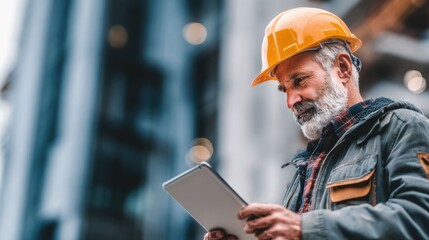 civil engineer or architect with hardhat on construction site checking schedule on tablet computer	