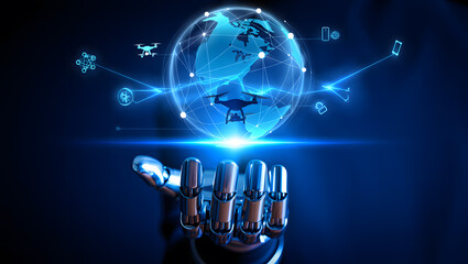 Global Network and Robot Hand Connecting Drones and Devices for the Future of Technology and Artificial Intelligence Innovation