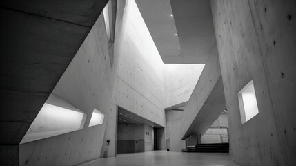 Fototapeta premium Striking Interior Architecture Featuring Geometric Concrete Design, Natural Light, and Dynamic Angles in a Modern Building