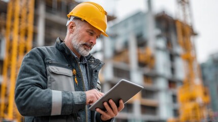 civil engineer or architect with hardhat on construction site checking schedule on tablet computer	