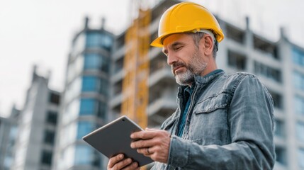 civil engineer or architect with hardhat on construction site checking schedule on tablet computer	