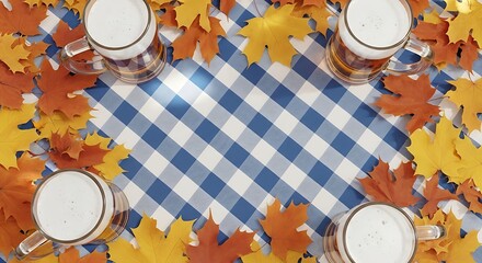 Autumn Celebration with Craft Beer and Colorful Maple Leaves on a Vibrant Blue and White Checkered Tablecloth - Perfect for Fall Gatherings, Oktoberfest Parties, and Seasonal Promotions