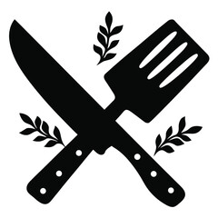Culinary Cross: A clean, minimalist graphic of a knife and spatula crossed, symbolizing cooking and food preparation. With a couple of leaves around the blade to add a touch of natural element.