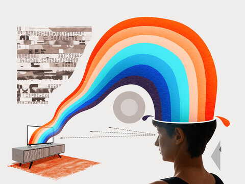 A woman looks at the TV screen and a colorful wave from it enters the woman's head. - Powered by Adobe