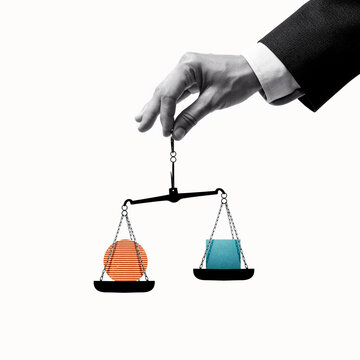 The scales of justice are in the hands of a just judge. Art collage.