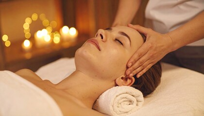A woman receiving a spa treatment, enjoying a facial massage and relaxation. A skilled masseuse is gently massaging her forehead. The scene is lit by the warm glow of candles.