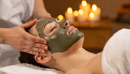 A woman receives a facial treatment with a soothing mud mask, surrounded by candles in a spa setting