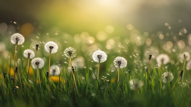 A serene field of dandelions in the warm sunlight, with seeds gently blowing in the wind, creating a dreamy and peaceful atmosphere