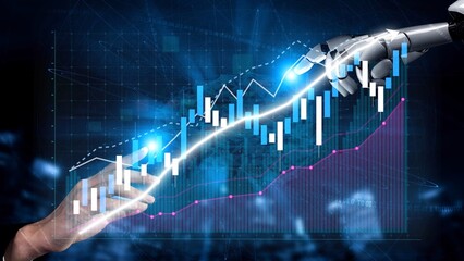 This image showcases a human hand and a robotic hand connecting over a dynamic data chart, symbolizing collaboration between technology and human expertise in finance. Copula