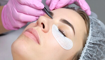 A close-up of a woman undergoing an eyebrow procedure, highlighting meticulous beauty treatment
