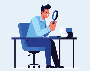 Fototapeta premium Frustrated Businessman Scrutinizing Documents with Magnifying Glass