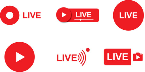Red Live Streaming Icons Set for Broadcast UI and Media Platforms