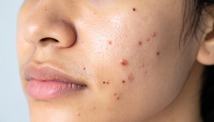 Fototapeta premium A close-up portrait of skin texture of a person showing skin acne and related blemishes.