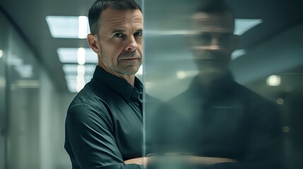 Fototapeta premium Mature Caucasian man in black shirt standing in dark office corridor with dramatic lighting and reflection. Professional corporate environment portrays confidence and authority.