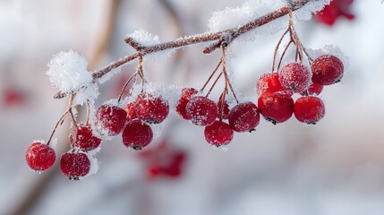 Frosted red berries on a winter branch.