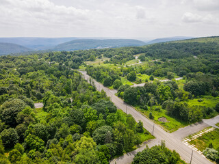 Aerial landscape during summer of green abandoned coal town Centralia Appalachia Pennsylvania