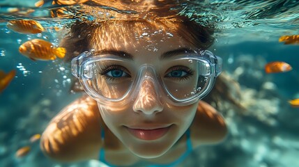 Underwater close-up portrait of young woman wearing diving goggles swimming with orange fish in tropical blue water, showing joyful expression and natural beauty.