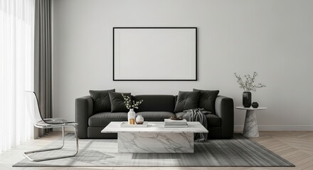 Modern living room interior with sofa, coffee table, and blank frame mockup