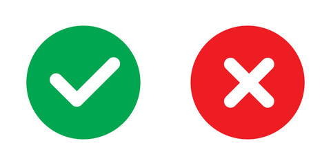Check mark and cross mark icon buttons. Colourful check box icons. Right and wrong buttons. Yes or no checkmark icon. Green tick box and red cross box on white background. EPS 10. 