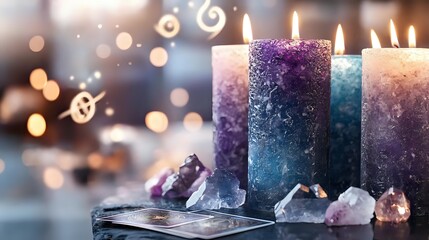Mystical arrangement with burning aromatic candles in purple and blue tones, surrounded by healing crystals and amethyst stones against blurred bokeh lights.