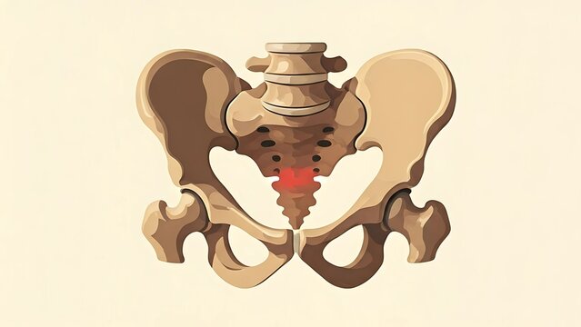 Human Pelvis Anatomy with Highlighted Sacrum and Coccyx Pain. Medical illustration of coccydynia or sacral discomfort.
