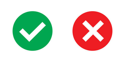 Check mark and cross mark icon button. Colourful check box icon. Right and wrong buttons. Yes or no checkmark icons. Green tick box and red cross box on white background. EPS 10. 
