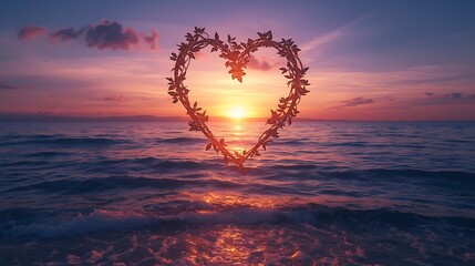 Heart shaped vine over ocean at sunset with pink and purple sky reflecting on the water surface view