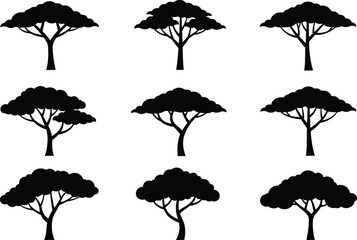 Acacia tree silhouettes set, African savanna trees, flat canopy tree clipart, vector illustration, safari tree design, tropical landscape silhouette, black forest element